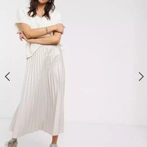 Leather look pleated midi skirt, light beige/stone color